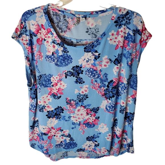Elle Tops - Elle Blue/Pink Floral Cap Sleeve Blouse, XXL